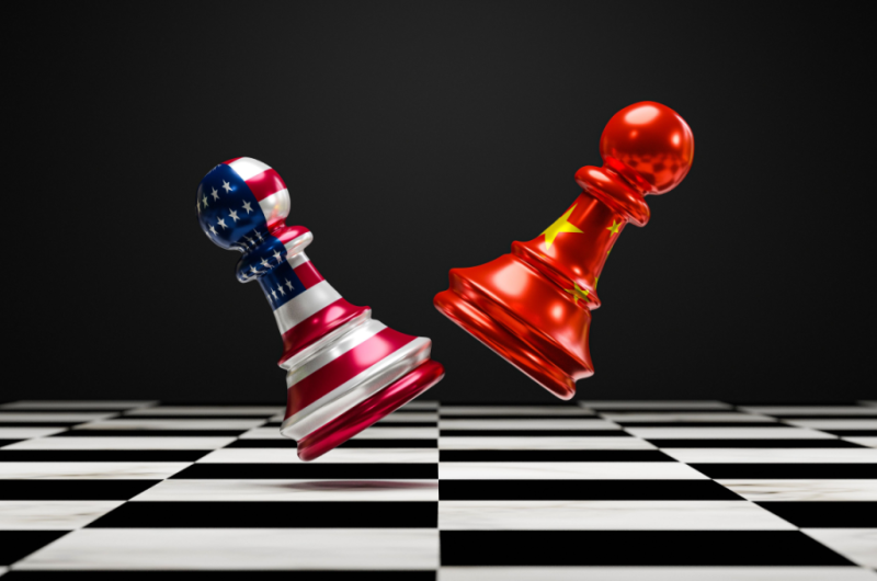 Chess pieces representing the US and China bounce off one another