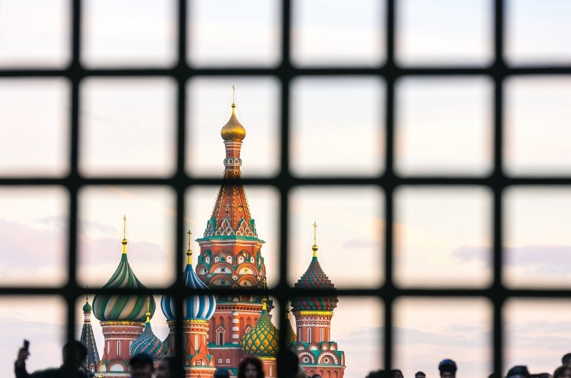 Picture of St. Basil's Cathedral behind bars