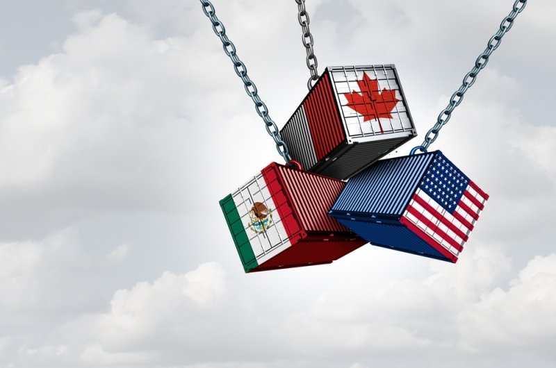 US Mexico And Canada Tariff War as a Mexican Canadian and American trade dispute as cargo containers in conflict as an economic fight over import and exports concept as a 3D illustration