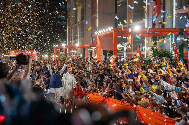 New Delhi, India-June 4 2024: PM Narendra Modi and BJP president JP Nadda were greeted by supporters at BJP HQ as the party led in the Lok Sabha elections.