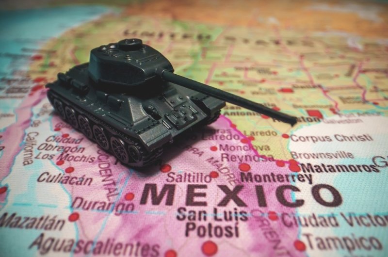 Toy tanks on the map. War on drug cartels in Mexico.