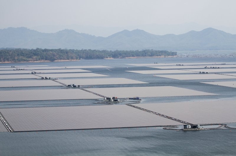 Aerial view of Floating solar panels or solar cell Platform system on the lake at Waduk Cirata