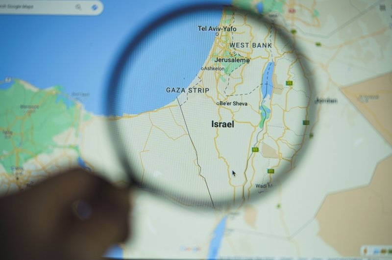 Map of Israel and Vicinity Showing Gaza Strip under a magnifying glass