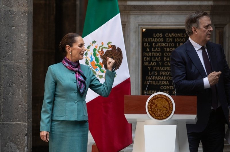 Mexico City, Mexico October 15 2024. Claudia Sheinbaum Pardo, president of Mexico at a press conference after the CEO Dialogue meeting at the National Palace. She is accompanied by Marcelo Ebrard.