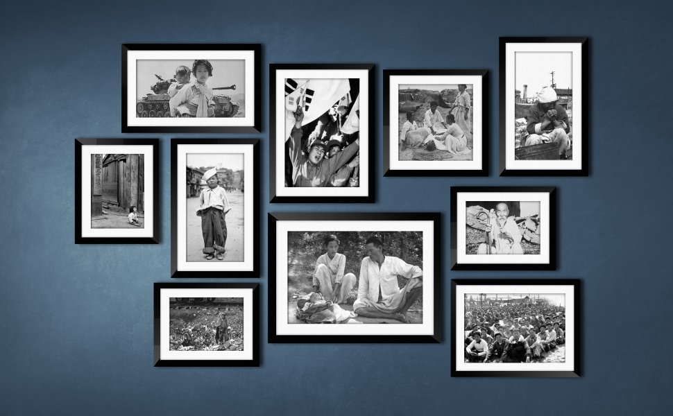 A collage of photo frames containing black and white photos with historical images from the Korean War.