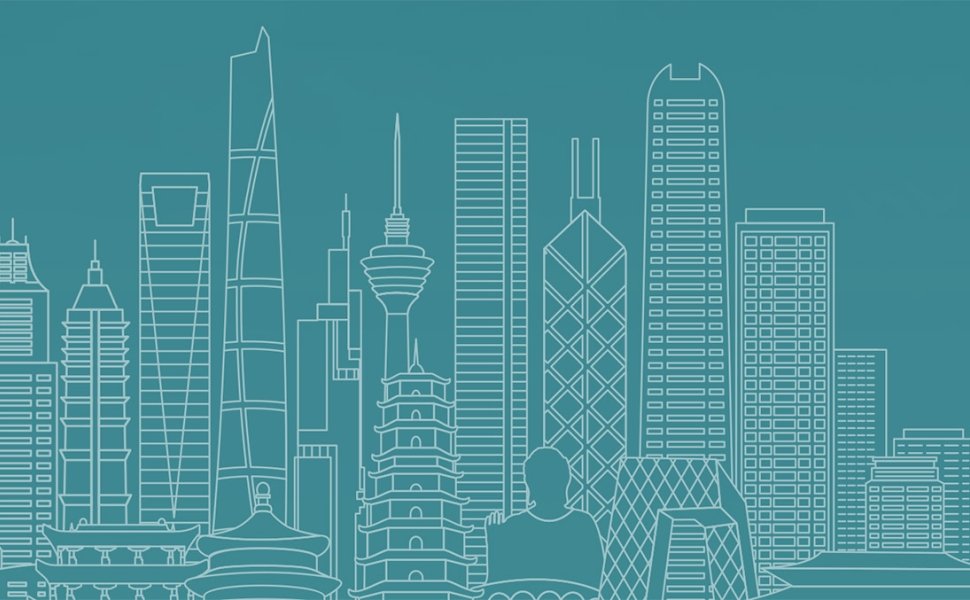 A graphic depicting notable buildings from China as a skyline