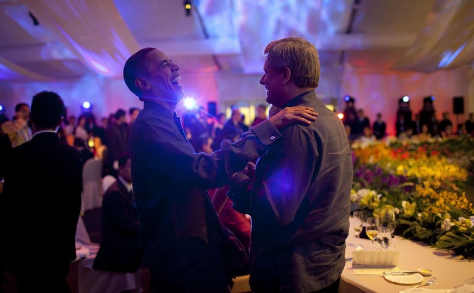 Harper and Obama share a laugh