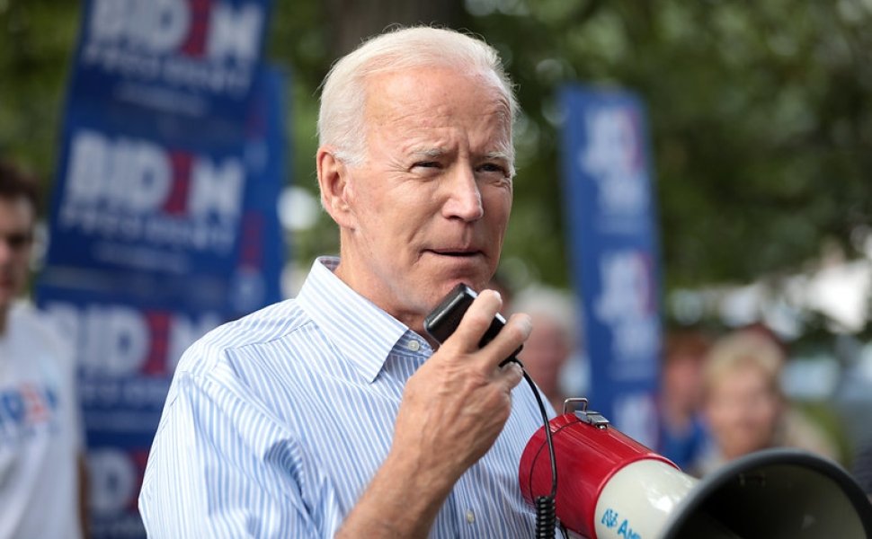 Former Vice President Joe Biden speaking with supporters at a pre-Wing Ding rally at Molly McGowan Park in Clear Lake, Iowa.