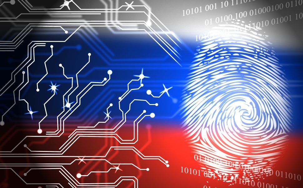 The Russian flag with a fingerprint transposed over the top