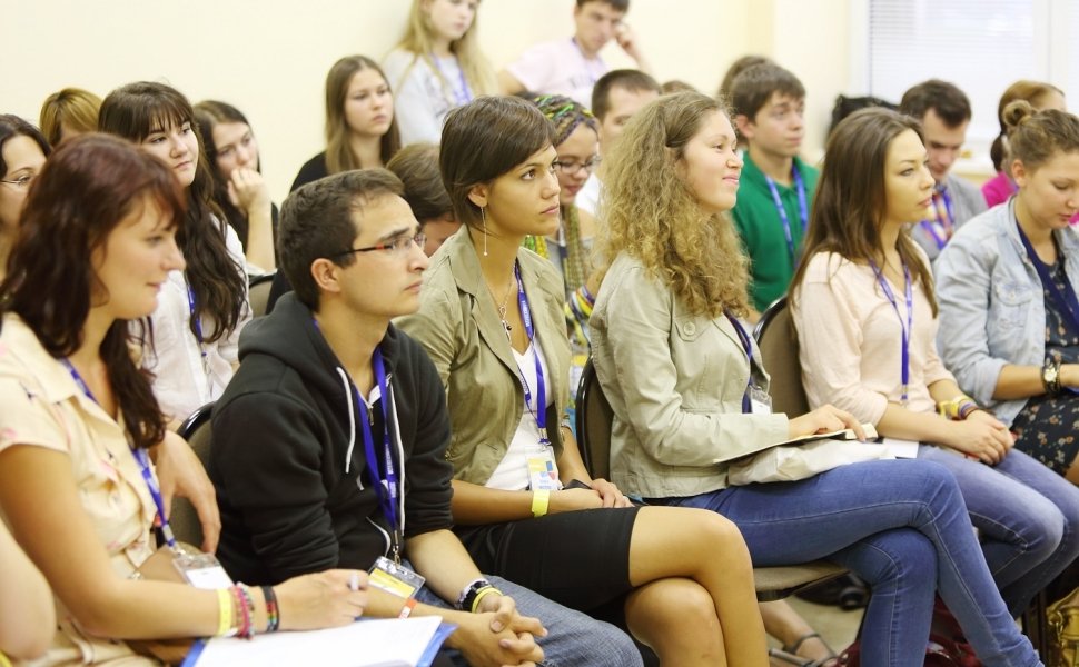 Boys and girls at Global Youth Voice - AIESEC International Congress 2012 in MGIMO, on August 18, 2012 in Moscow, Russia.