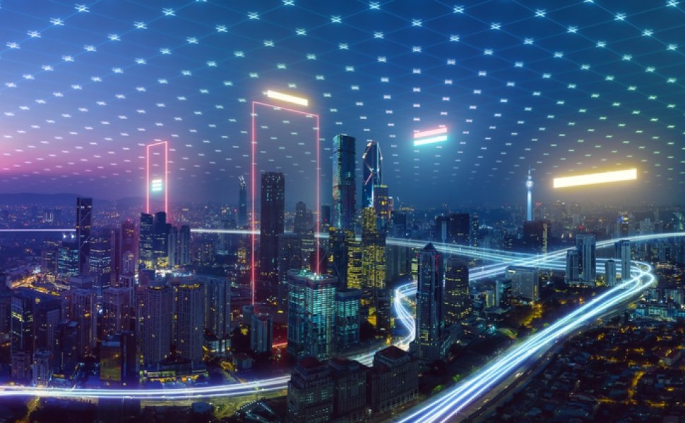 Smart city and abstract polygon pattern connection with speed line light, big data connection technology concept .