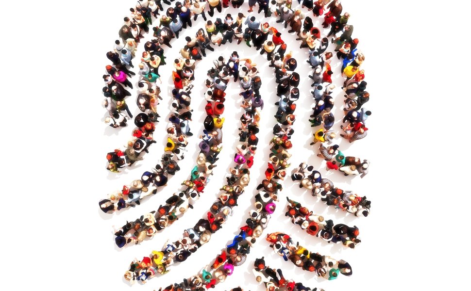 Large group pf people in the shape of a fingerprint on an isolated white background. 