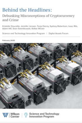 Cover page of the report: Behind the Headlines: Debunking Misconceptions of Cryptocurrency and Crime with a image of Cryptocurrency mining farm for bitcoin and altcoins mining.