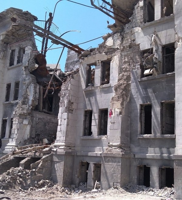 Mariupol - June 1, 2022: the building of the Drama Theater, destroyed during the war in March 2022.