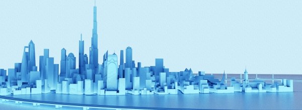 A rendering of a city skyline in monochromatic blue