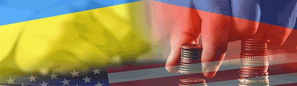 US, Ukrainian, Russian Flags and coins