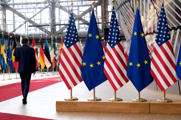 European and US flags in European Council in Brussels