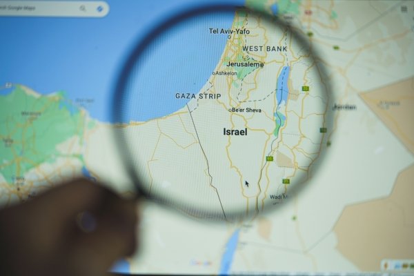 Map of Israel and Vicinity Showing Gaza Strip under a magnifying glass