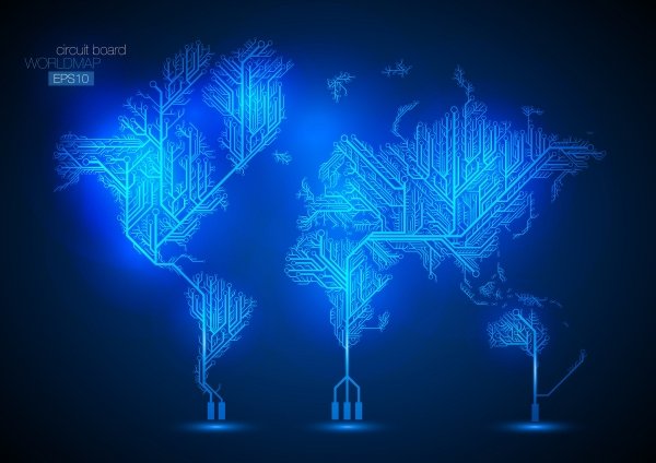 world map rendered in the style of an electronic circuit board