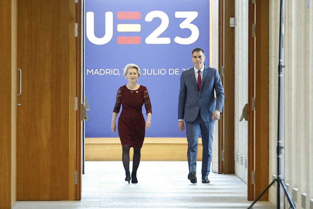 The President of the Government of Spain, Pedro Sanchez, and the President of the European Commission, Ursula von der Leyen attend a joint press conference on the occasion of the College of European Commissioners visit to Madrid, July 3, 2023. 