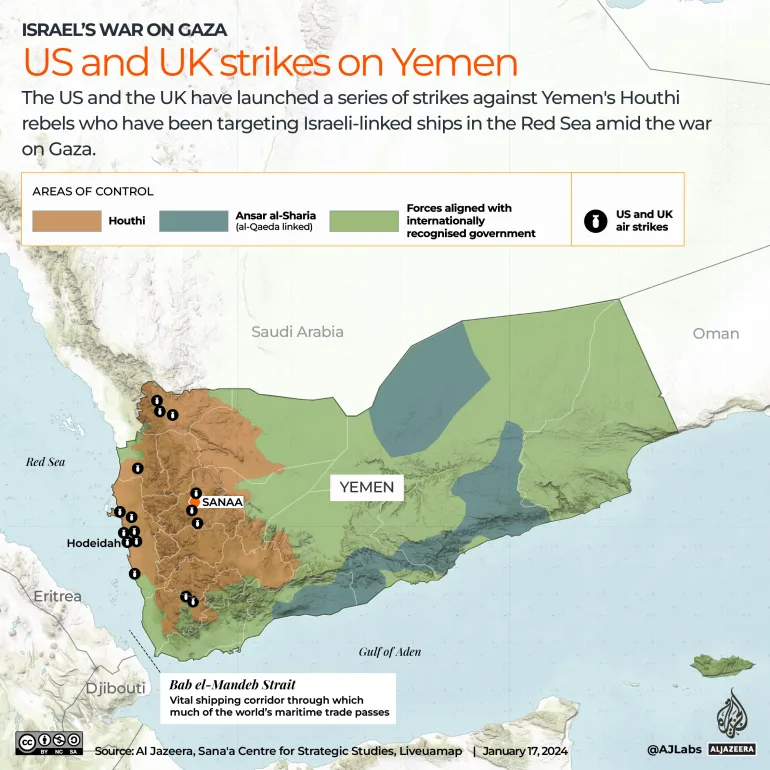 Al Jazeera map of strikes on Yemen Jan 2024