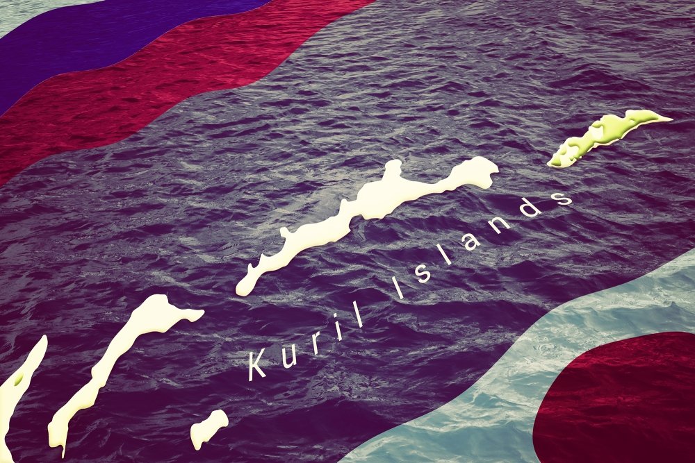 A graphic of the Kuril Islands in the ocean with the flags of Russia and Japan superimposed