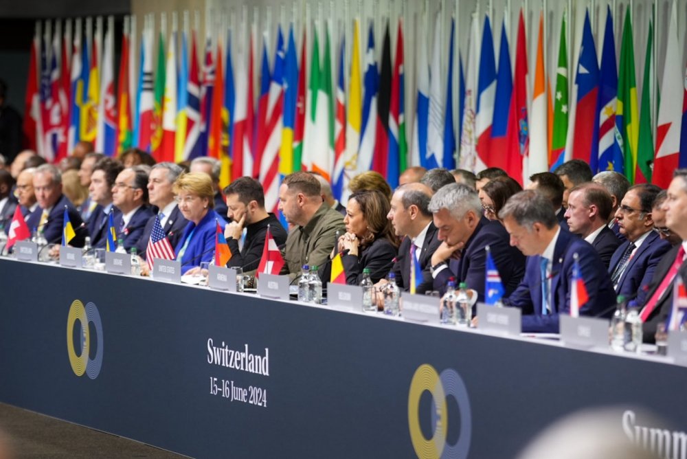 President of Ukraine Volodymyr Zelensky and Vice President Kamala Harris attend the Summit on Peace in Ukraine held in Switzerland on June 15, 2024.