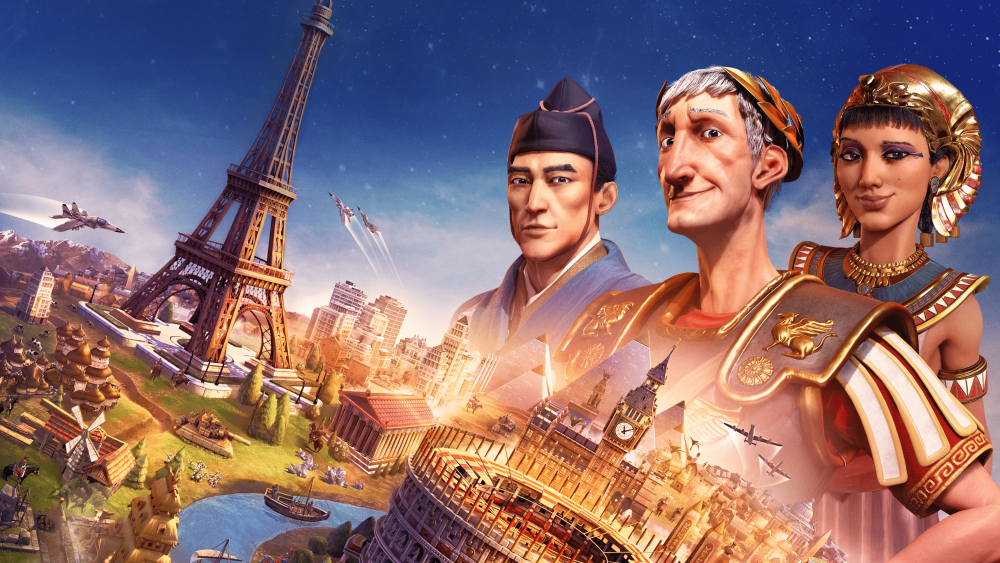 Image from the presskit for the game Civilization 6. Shows 3 leaders from the game, as well as monuments such as the Eiffel Tower.