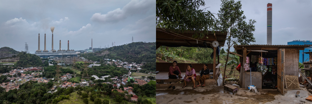 Left: The Suralaya coal plant is the largest in Southeast Asia. Right: One of Suralaya’s smokestacks peeks out behind village homes.