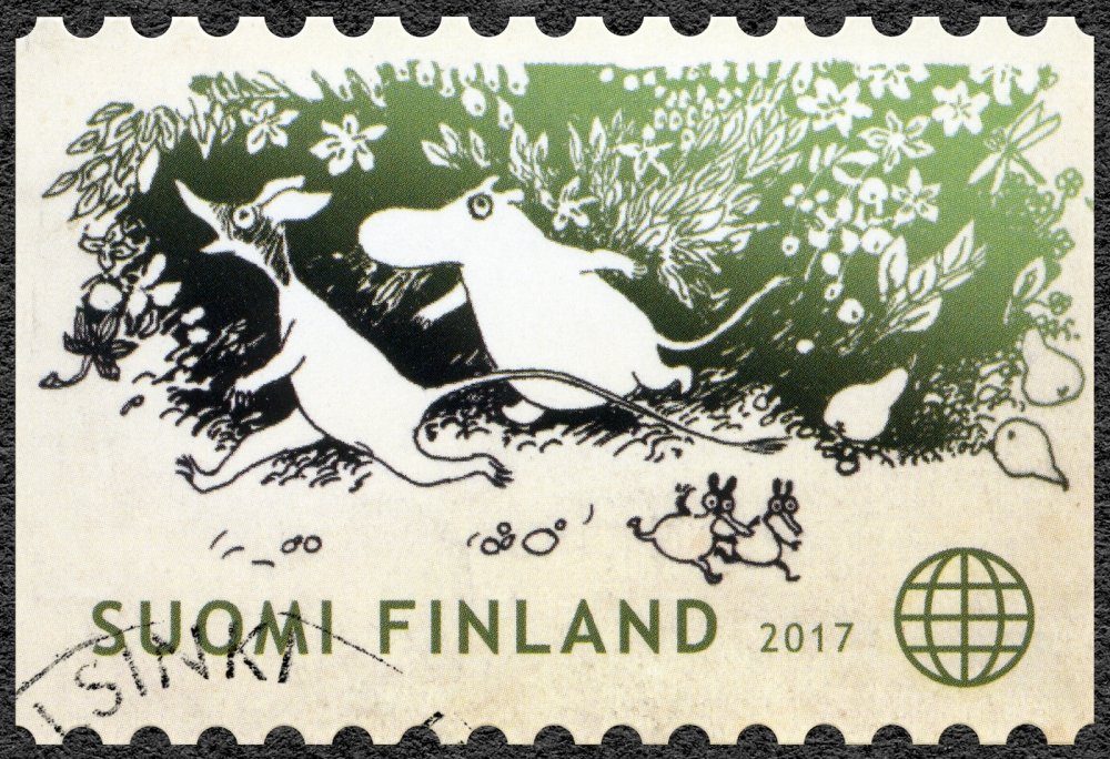 A stamp printed in Finland showing the characters of Tove Jansson's fairy tales.