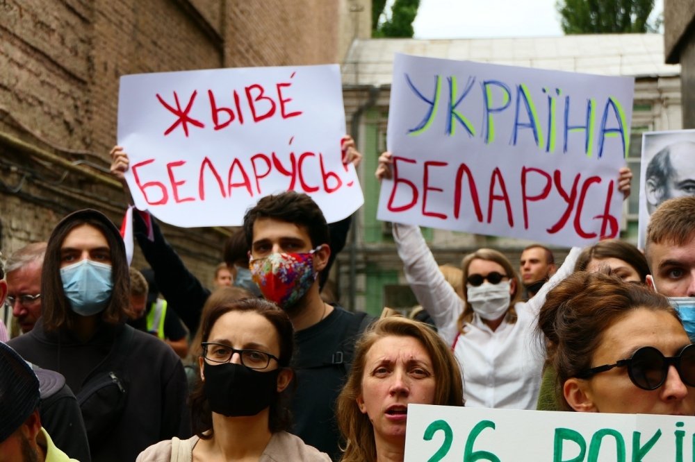 Political activists in Kyiv protesting against the dictatorship of president Lukashenko in Belarus.