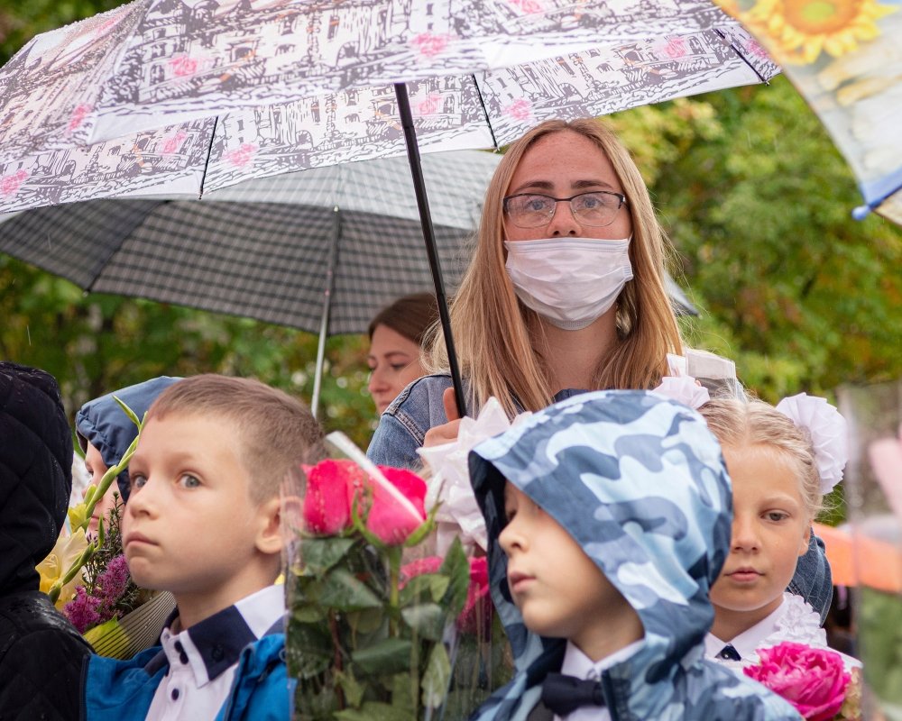 Students at the first day of School (Day of Knowledge) in Tomsk, Russia, 2020.