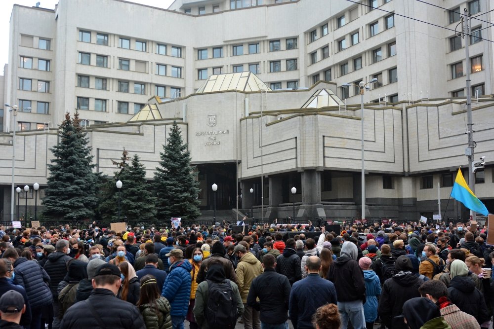 KYIV, UKRAINE - OCTOBER 30, 2020 - Activists picket the building of the Constitutional Court of Ukraine after its decision to cancel the electronic declaration by officials.