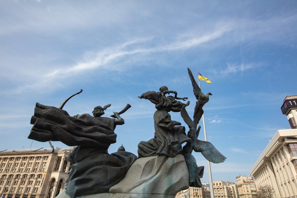 Kyiv, Ukraine - April 1, 2021: Monument to the founders of Kyiv on Independence square