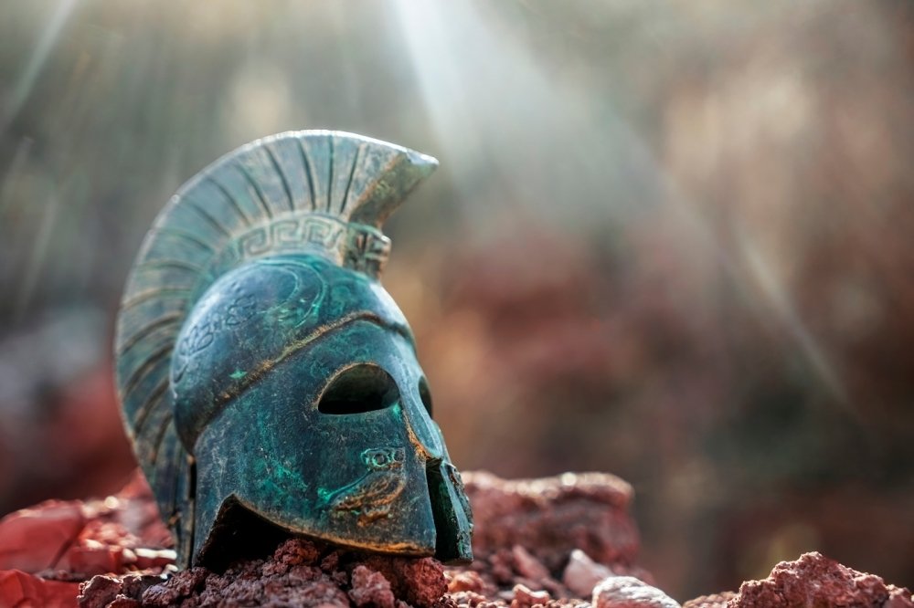 A trojan helmet on the ground