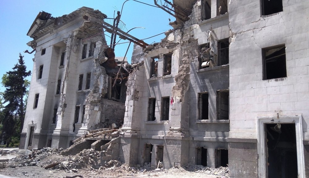 Mariupol - June 1, 2022: the building of the Drama Theater, destroyed during the war in March 2022.