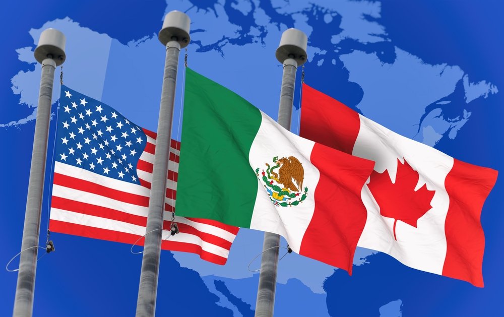 US Canada Mexico Flags over North America