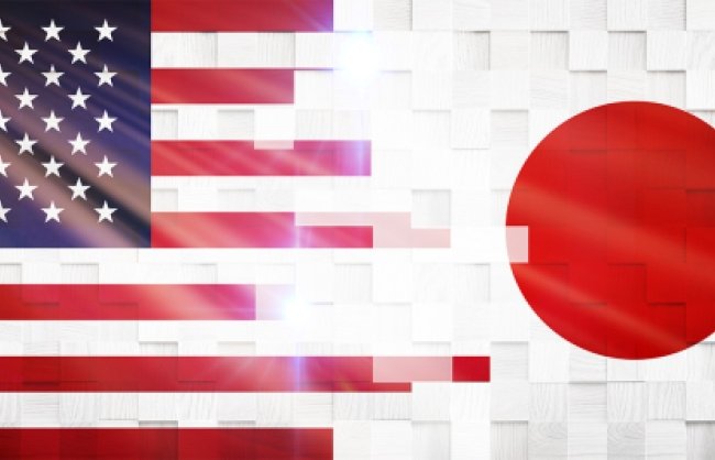 The flags of the United States and Japan merged together in the center.