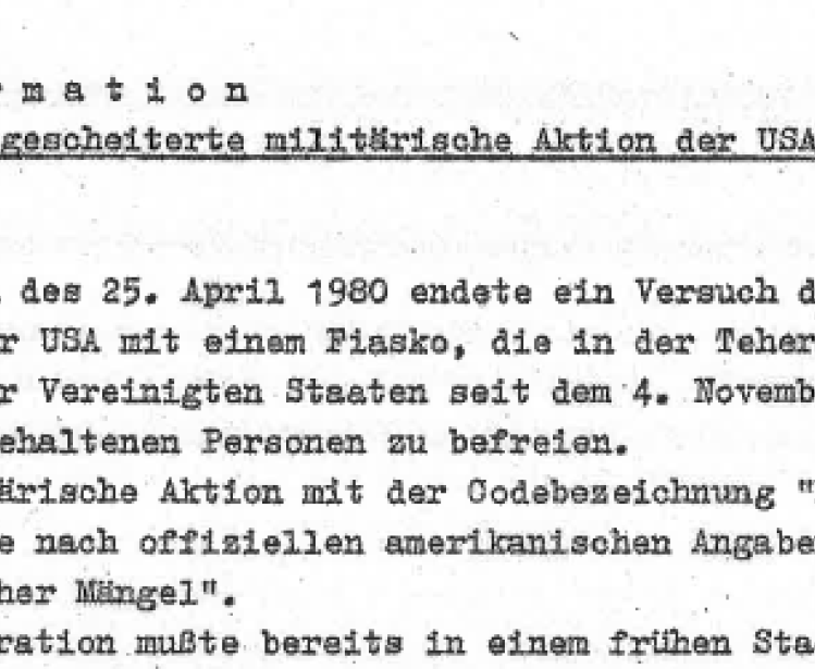 A Stasi report on the failed mission to rescue American hostages during the Iran Hostage Crisis in 1980