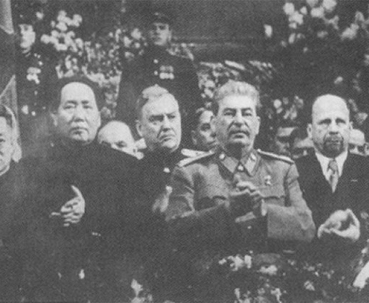 Mao at Stalin's side on a ceremony arranged for Stalin's 71th birthday in Moscow in December 1949