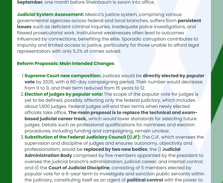 On February 5, 2024, President López Obrador proposed the most substantive judicial reform (Plan “C”) in Mexico’s recent history arguing that the Judicial Branch is corrupt, inefficient and only serves the elites.