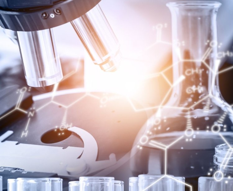 A microscope and a beaker over laid with a chemical makeup of a molecule