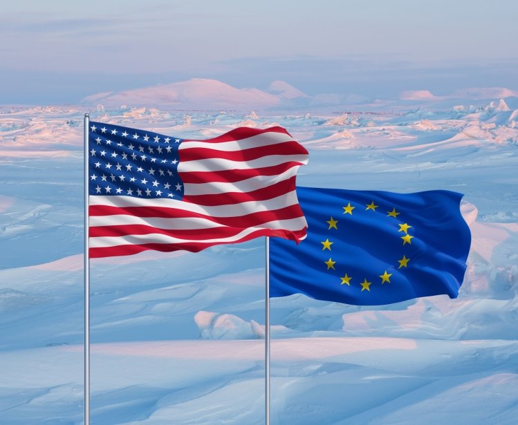 EU and US flag in front of ice