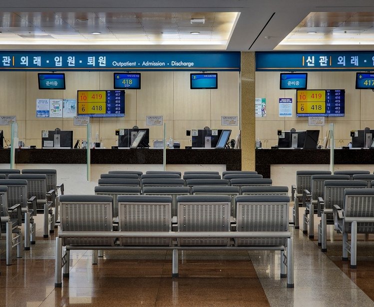 An empty payment counter at a medical center in South Korea.