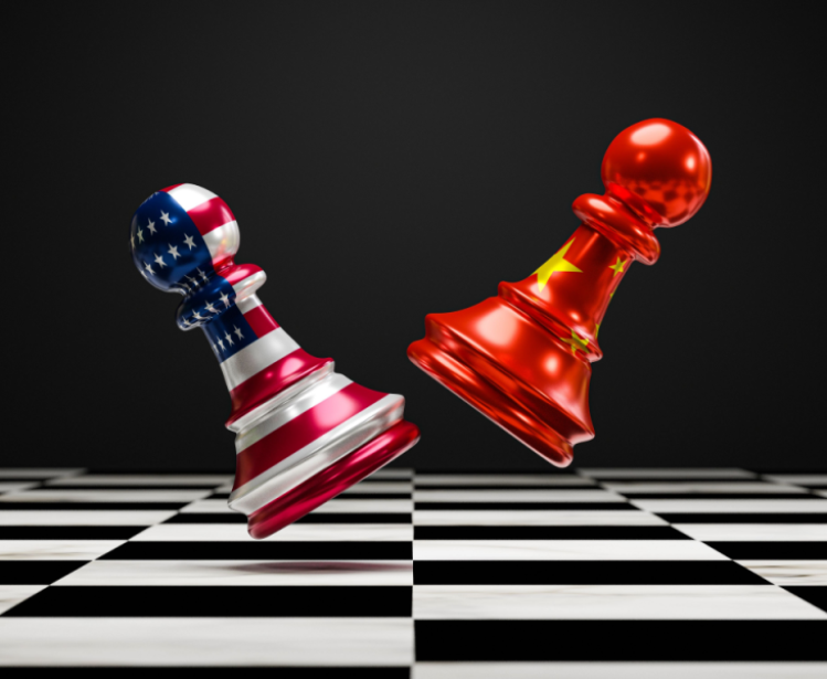 Chess pieces representing the US and China bounce off one another