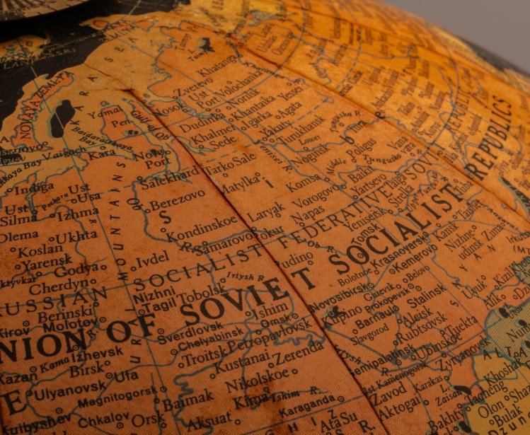 An old globe depicting the former Union of Soviet Socialist Republic prior to its demise and break up into smaller countries.