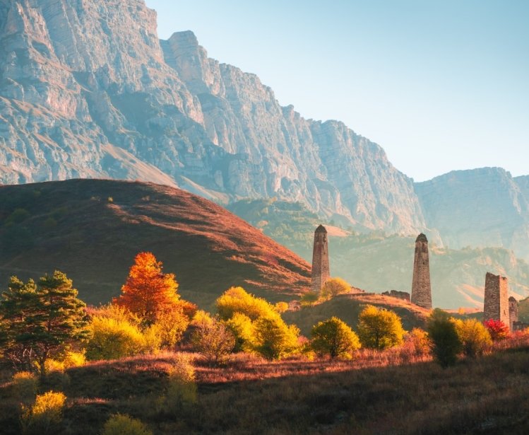 Old stone tower complex in Erzi national park in Ingushetia, Caucasus, Russia