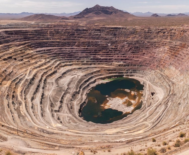 Aerial view of an exhausted open pit copper mine near Ajo, Arizona, USA.