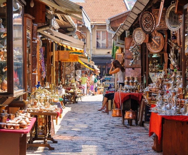 Street with shops in Sarajevo.