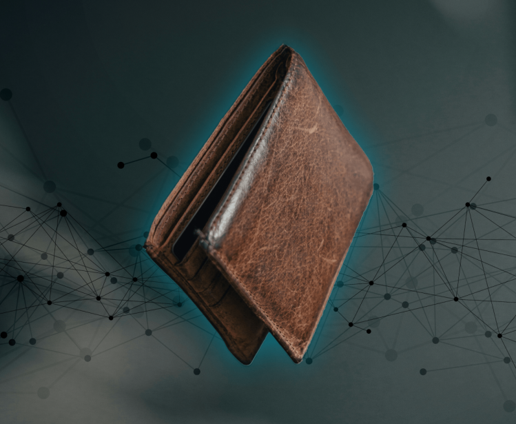 An image of a brown leather wallet suspended in air with a blue glow